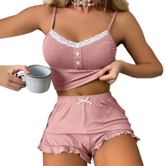 Женский сексуальный пижамный комплект из 2 предметов, ребристый кружевной топ на пуговицах, шорты с оборками по низу, комплект одежды для сна, летняя повседневная домашняя одежда