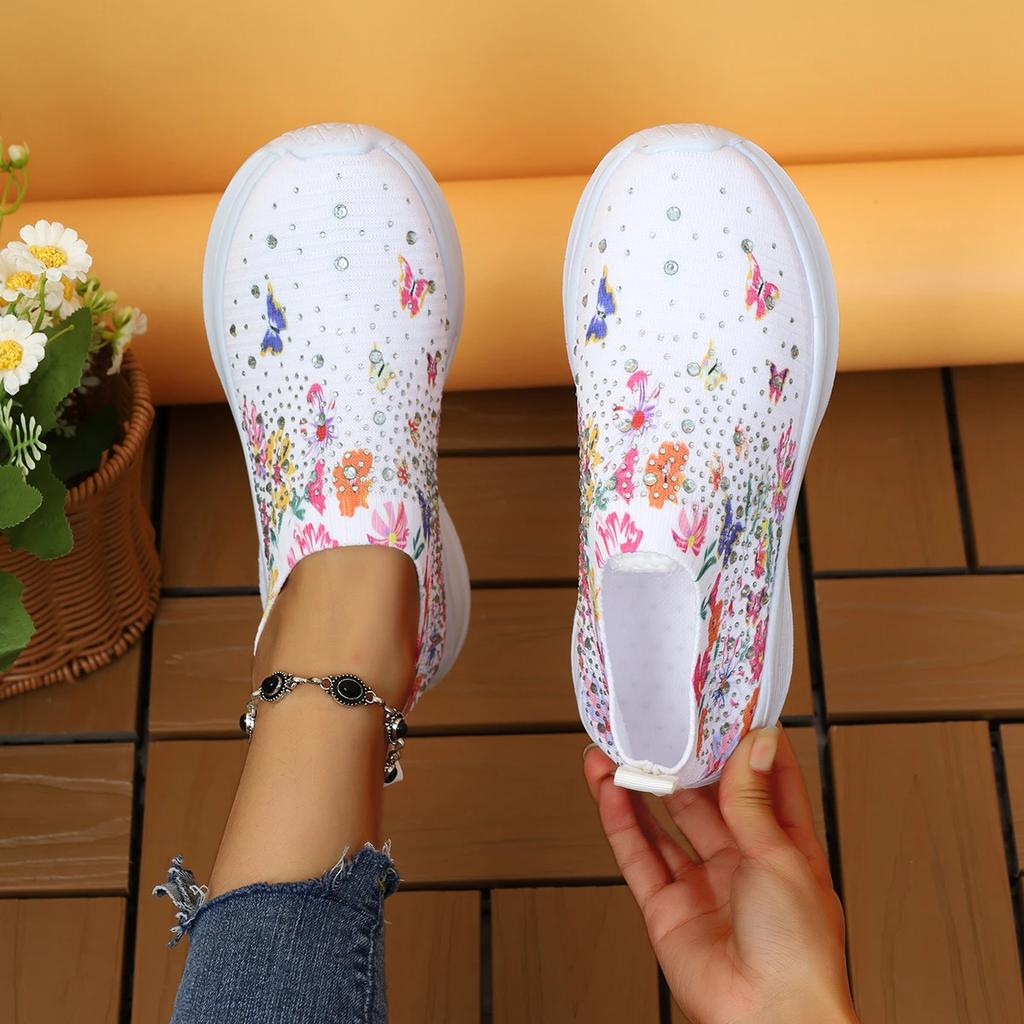 Fashion Print Flower Shoes Women Causal Sneakers Slip On Mesh Flats Autumn Platform Shoes Leather Cashmere Single Shoes Plus Size 43