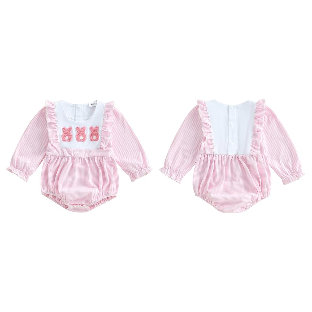 Baby Girls Easter Romper Ruffles Bunny Embroidery Stripe Pattern Long Sleeve Crew Neck Newborn Jumpsuit
