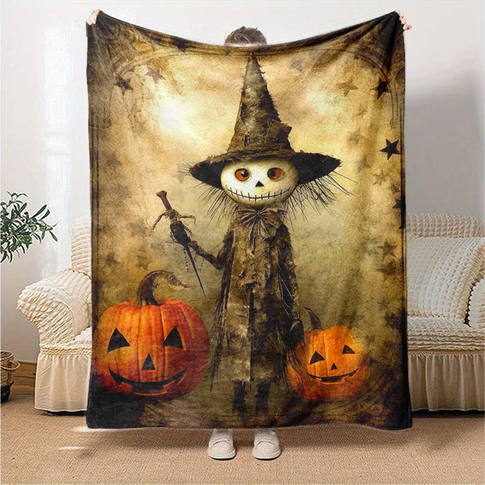Vintage Skeleton Scarecrow Witch Hat Pumpkin Halloween Print Flannel Throw Blanket Soft Warm Blanket for Sofa Bed Home Decor