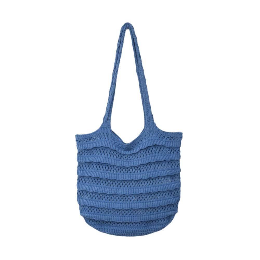 Trendy Sweet Knitted Tote Bag Breathable Lightweight Crochet Shoulder Bag Solid Color Polyester Seaside Vacation Handbag School