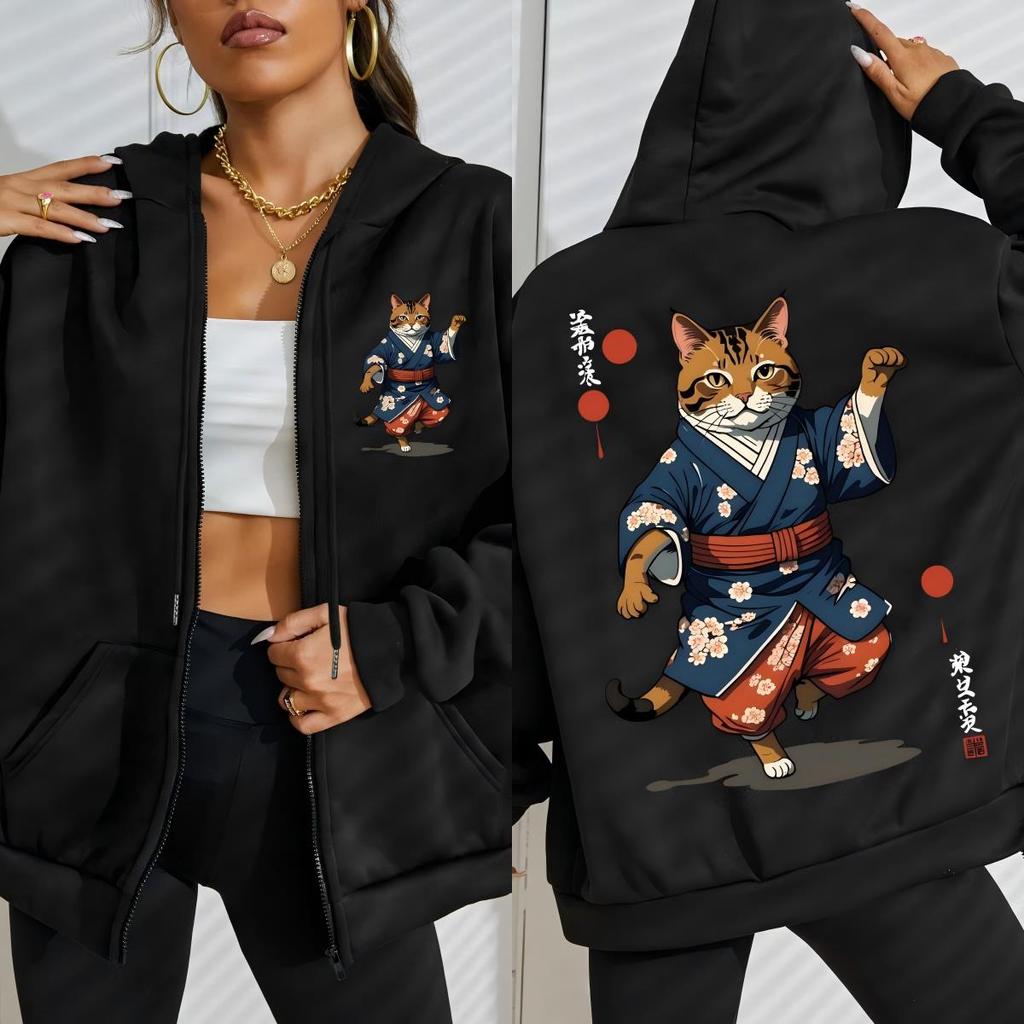 Japanese Cartoon Standing Cat Prints Zipper Hoodie Woman Fashion Fleece Hoody Autumn Soft Sportswear Street Casual Streetwear