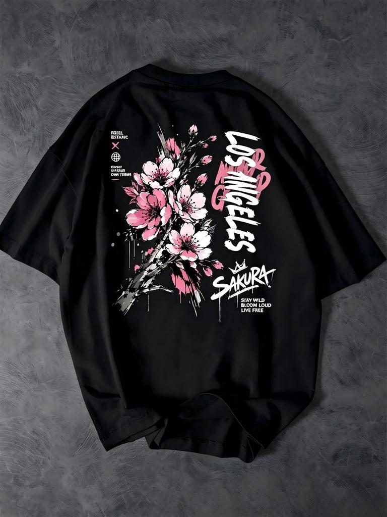 American Unisexs Summer Fashion Los Angeles Letter Cherry Blossom Print Soft And Breathable Round Neck Tshirt Outdoor Casual Top