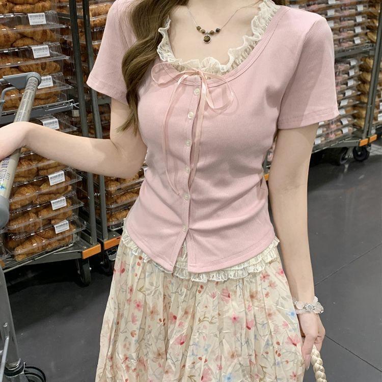 Plain Weave T Shirt With Lace Embroidery For Summer Casuals
