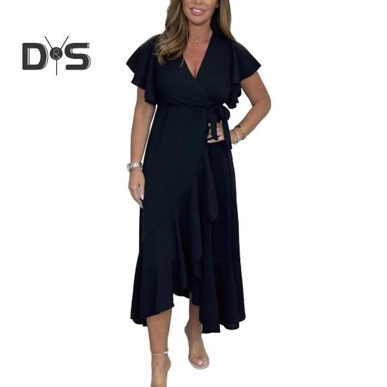 Женское летнее макси-платье с V-образным вырезом и коротким рукавом в виде листа лотоса, свободный сарафан, длинное пляжное платье с разрезом и поясом