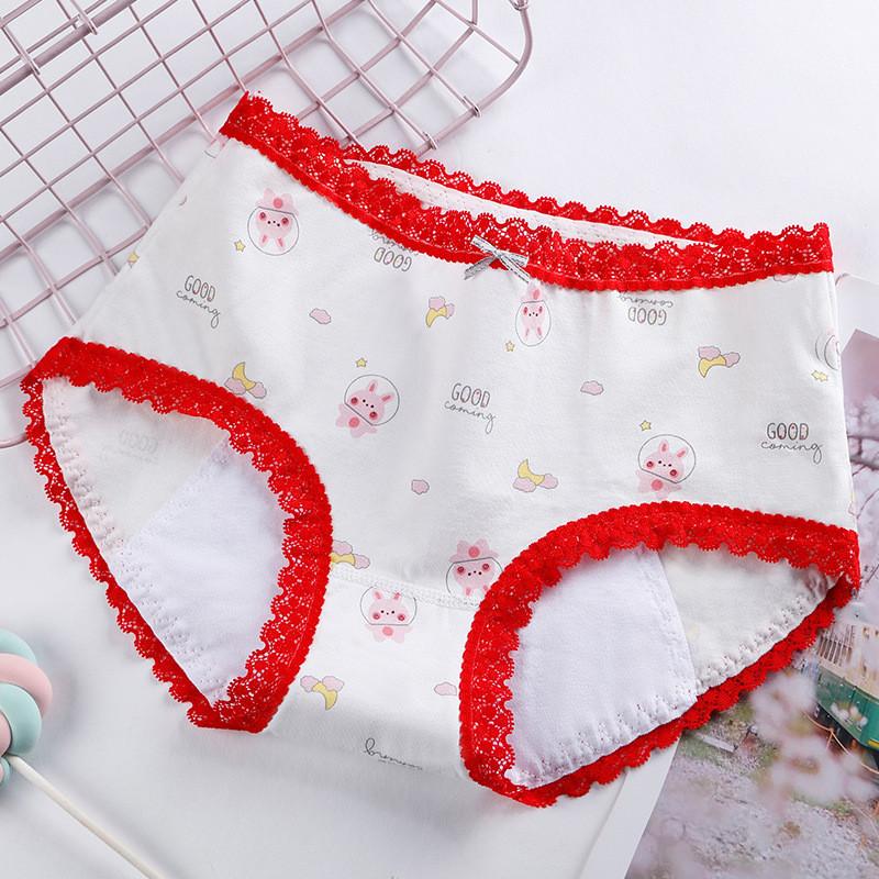 Comfortable Cotton Mid-rise Printed Menstrual Underwear With Lace Trim For Leak Protection