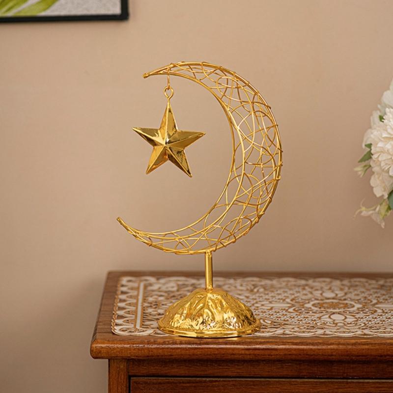 Artistic Middle Eastern Iron Moon Star Sculpture With Base Eid Ramadans Hollowout Ornament for Muslims Party Supplies
