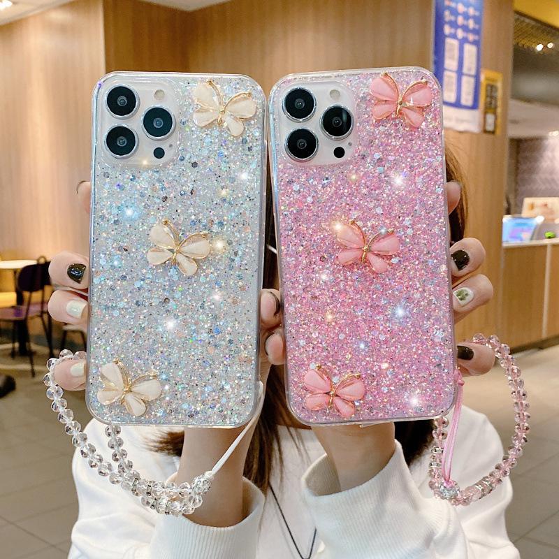 Applicable to Apple 17Pro glitter jade butterfly hand rope Epoxy 15 mobile phone case iPhone14 butterfly 16Pro max