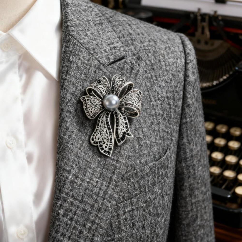 Corsage Ornament Bow Brooch French Style Black Brooch Uniform Fully-rhinestone Pin Gift