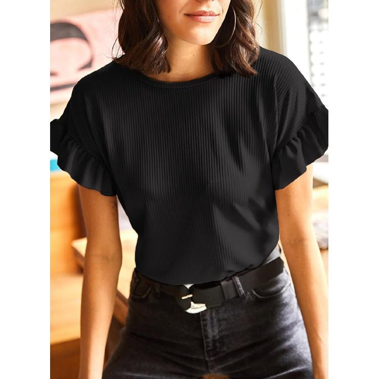 Женская футболка с коротким рукавом, повседневные базовые футболки, летние однотонные вязаные футболки свободного покроя с рюшами и круглым вырезом, блузки