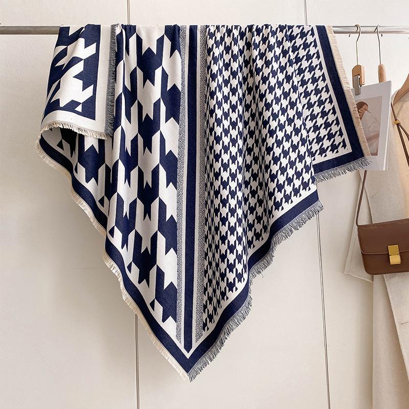 Double-Sided Square Scarf, Houndstooth, Geometric Flower, Thickened Thermal Scarf, Air-Conditioned Room, Neck Guard, Shawl, Cloak Female