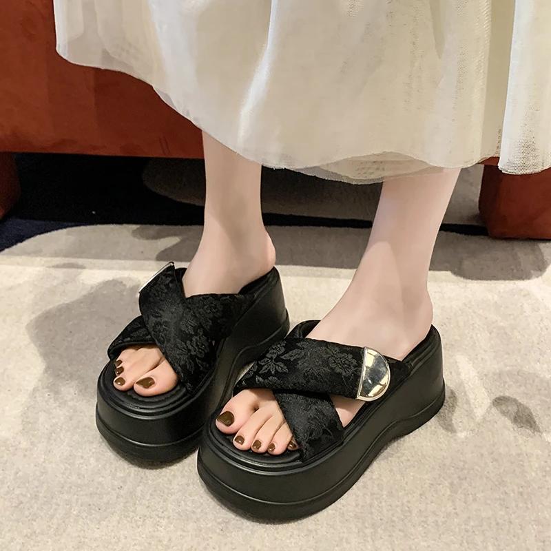 Fashion 8cm Heels Chunky Platform Slippers For Women Open Toe Leather Wedges Sandals Woman Summer Thick Bottom Female Beach Flip Flops