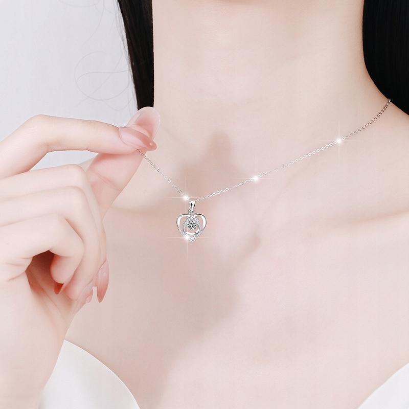 Silver Women' Bracelet Heart Diamond Gift + Necklace Set