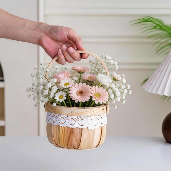 Цветочная корзина, с кружевным декором, Плетеная корзина для цветов из ротанга, Деревянная портативная цветочная корзина для подарков
