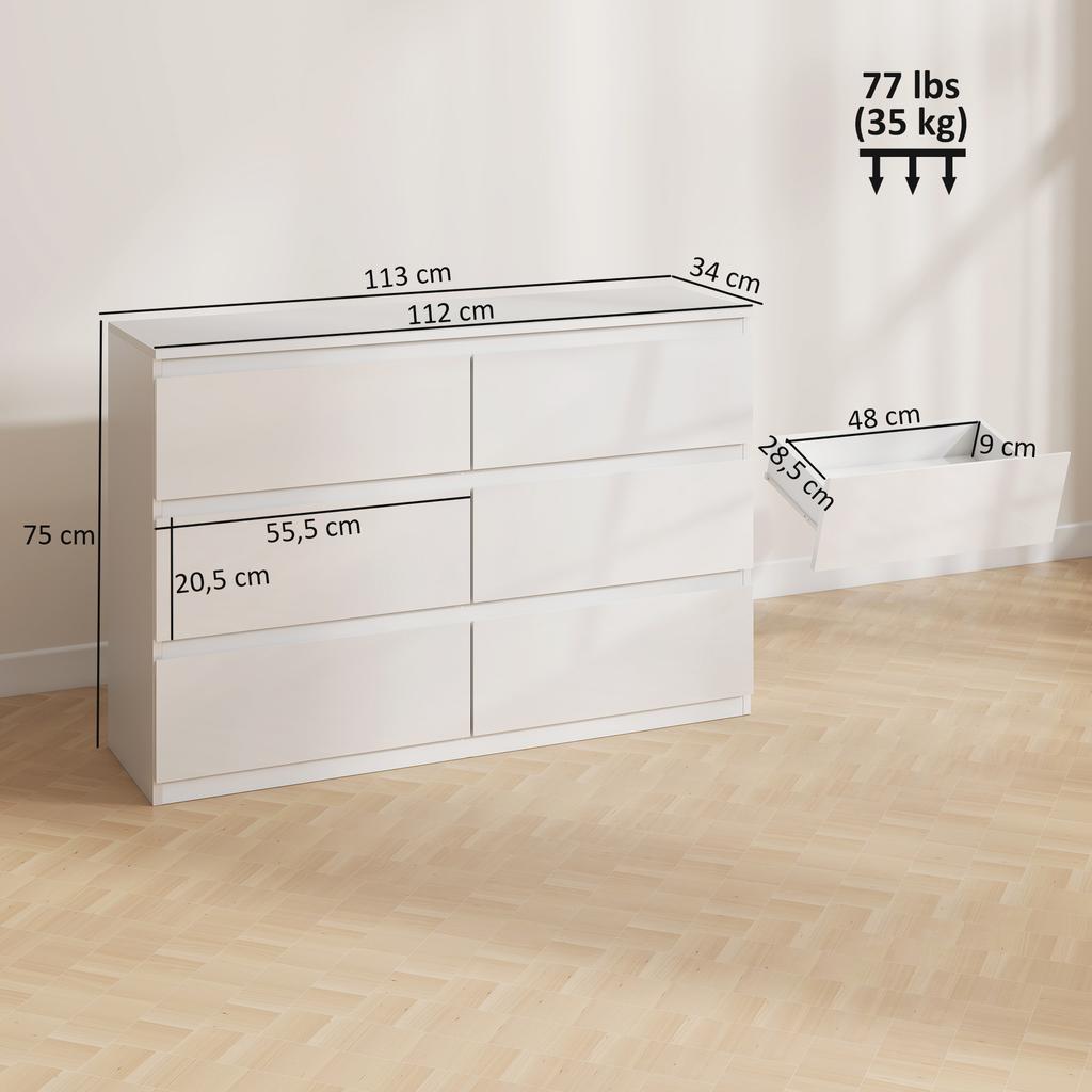 Wooden Dresser With 6 Drawers Bedroom Dresser White Living Room Dresser Modern Style 112x34x75 Cm Glossy White
