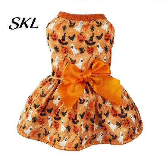 Festive Dog Apparel Halloween Dress, Pumpkin Bat Print Pet Costume with Orange Bow, Dress Cute Outfit for Small Dogs, Trick or Treat Party Gift