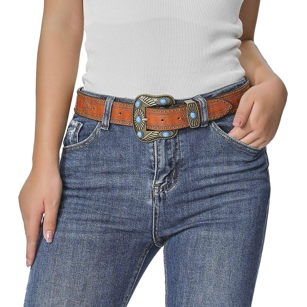 PU Leather Floral Engraved Leather Belt Cowgirl Cowboy Country Belts  for Jeans Pant