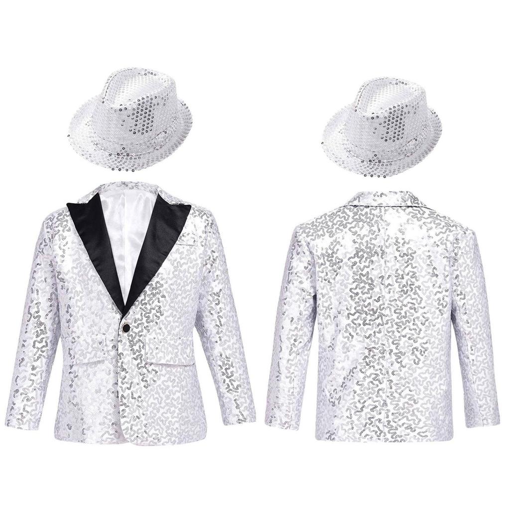 Детский мальчиковый смокинг, пиджак с блестящими пайеточными лацканами и шляпа для танцевальных выступлений и банкетных вечеринок