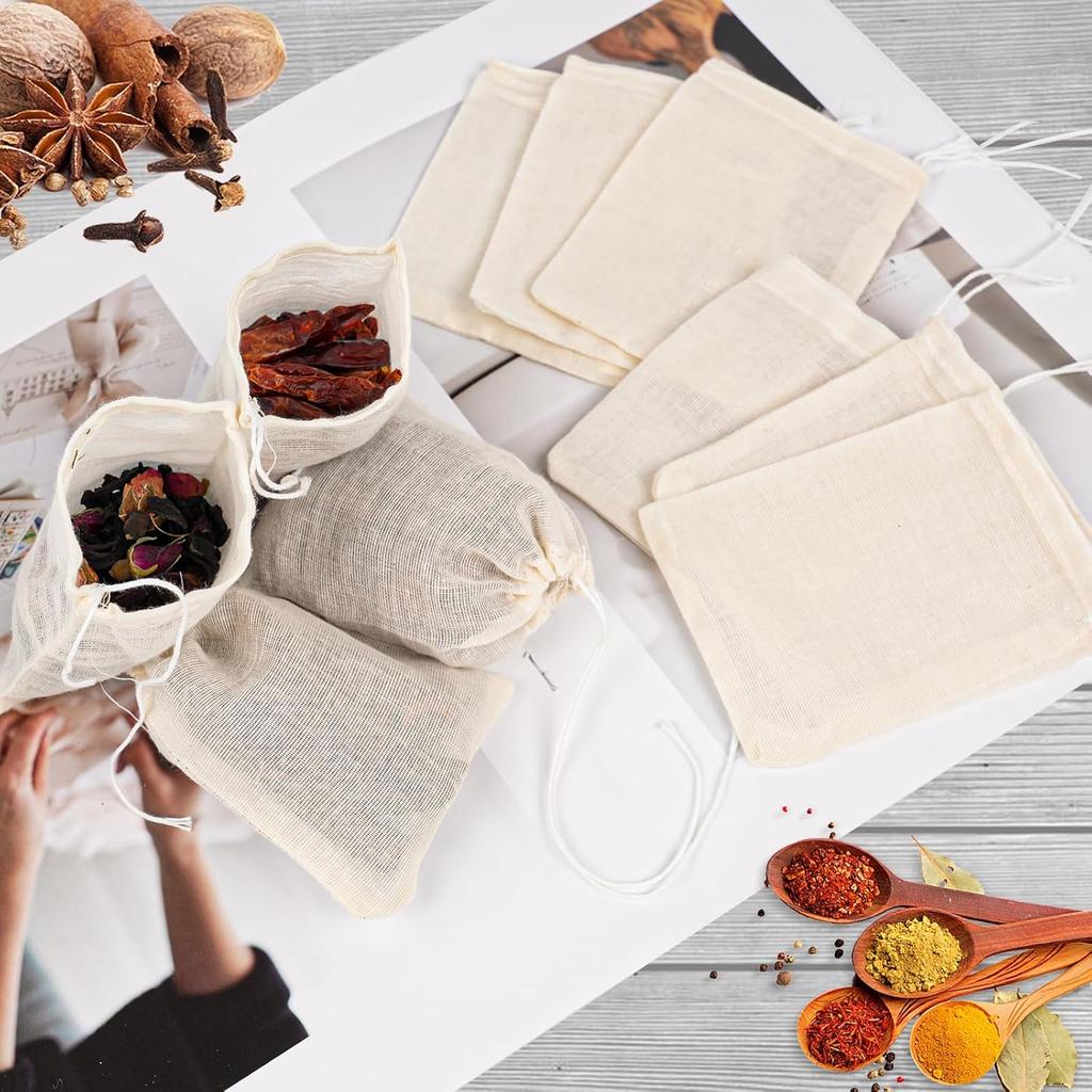 50 Pcs Muslin Drawstring Bags Reble Tea Bags Natural Cotton Unbleached Small Cheese Cloth Bag for Cooking Straining Soup Sachet Coffee Tea Brew Spice