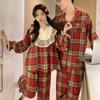 Korean Couple's Red Plaid Lace Long Sleeve Pajamas
