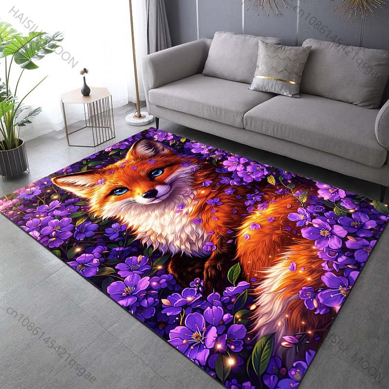 Multiple sizes Fox and purple flowers Carpet for Living Room Bedroom Sofa Home Decor Rug Non-slip Floor Mat Luxury Gift