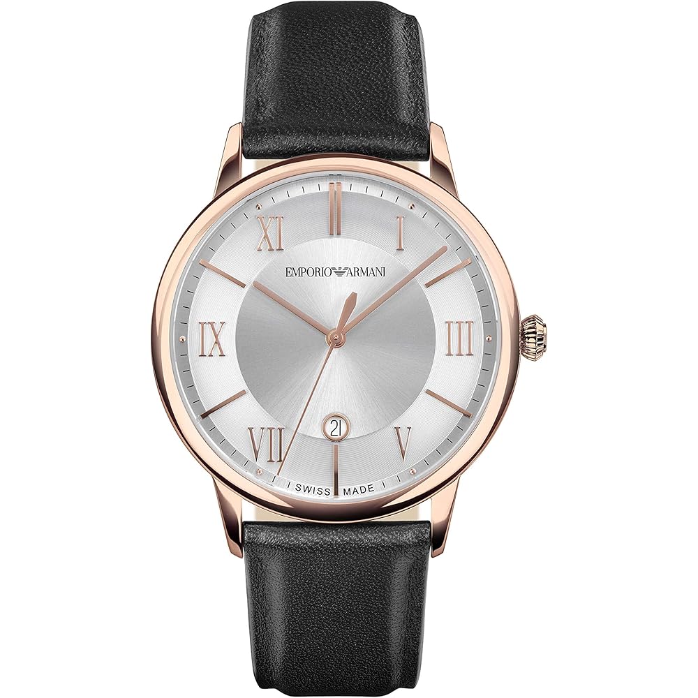 Emporio Armani Swiss Made Трехстрелочные часы с датой Черный кожаный ремешок