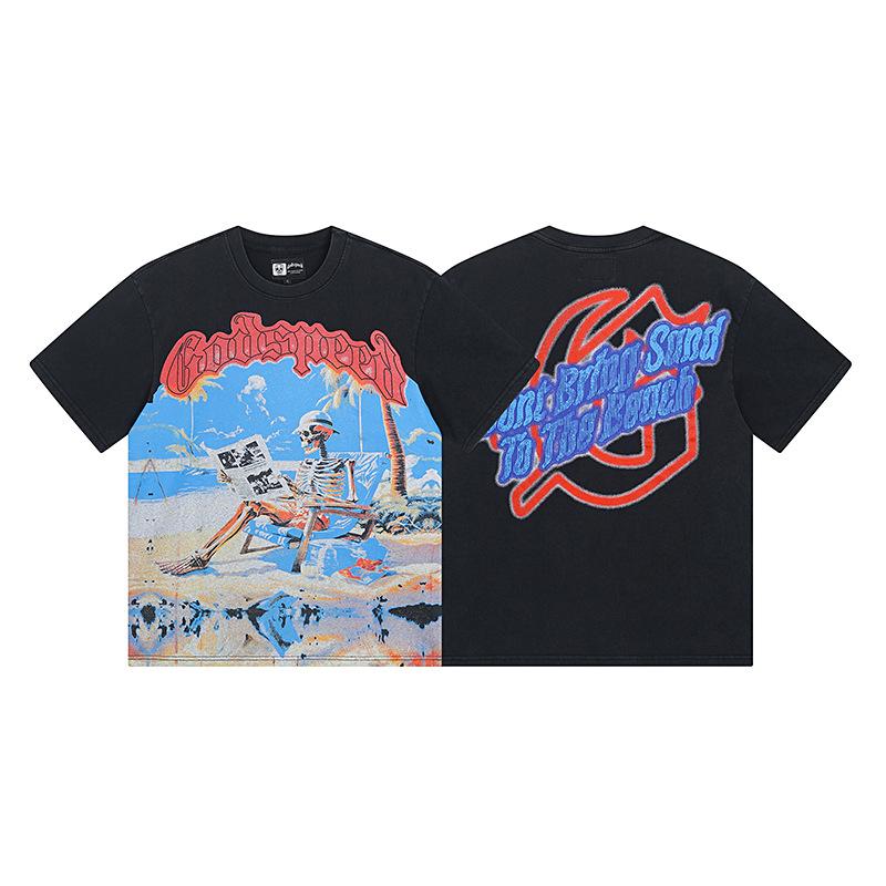 Cross-border trendy brand GS Skull Band Alphabet Printing Washing Water Short Sleeve Loose T-Shirt Men's and Women's High Street Retro Half Sleeve
