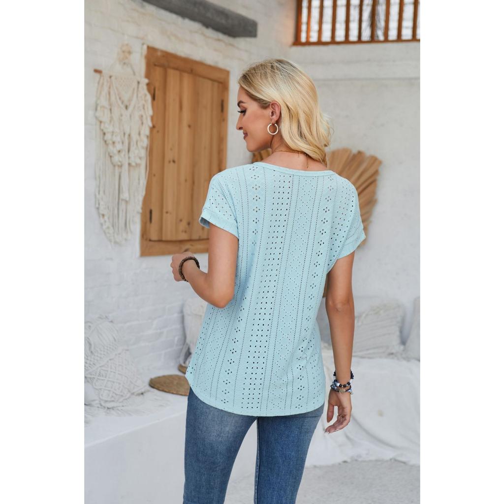 GMXIA Women's Spring Summer Loose Round Neck Eyelet Lace Solid Color T-shirt