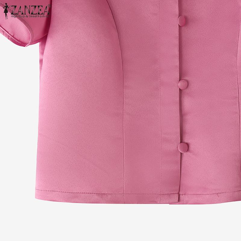 ZANZEA Women Summer Stand Collar Casual Short Sleeve Satin Blouse