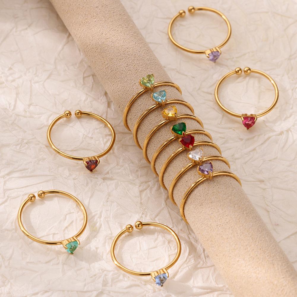 2025 Birth Colorful Cubic Zircon Heart Opening Rings For Women Fashion Dainty Stainless Steel Princess Ring Jewelry Wedding Gift