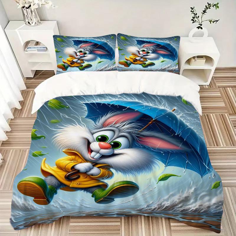 3pcs Anime Bunny Comforter Set with Two Pillowcases (No Core) - Home Decor, Festival Gift, Polyester Fabric, Cartoon Design for Bedroom and Guest