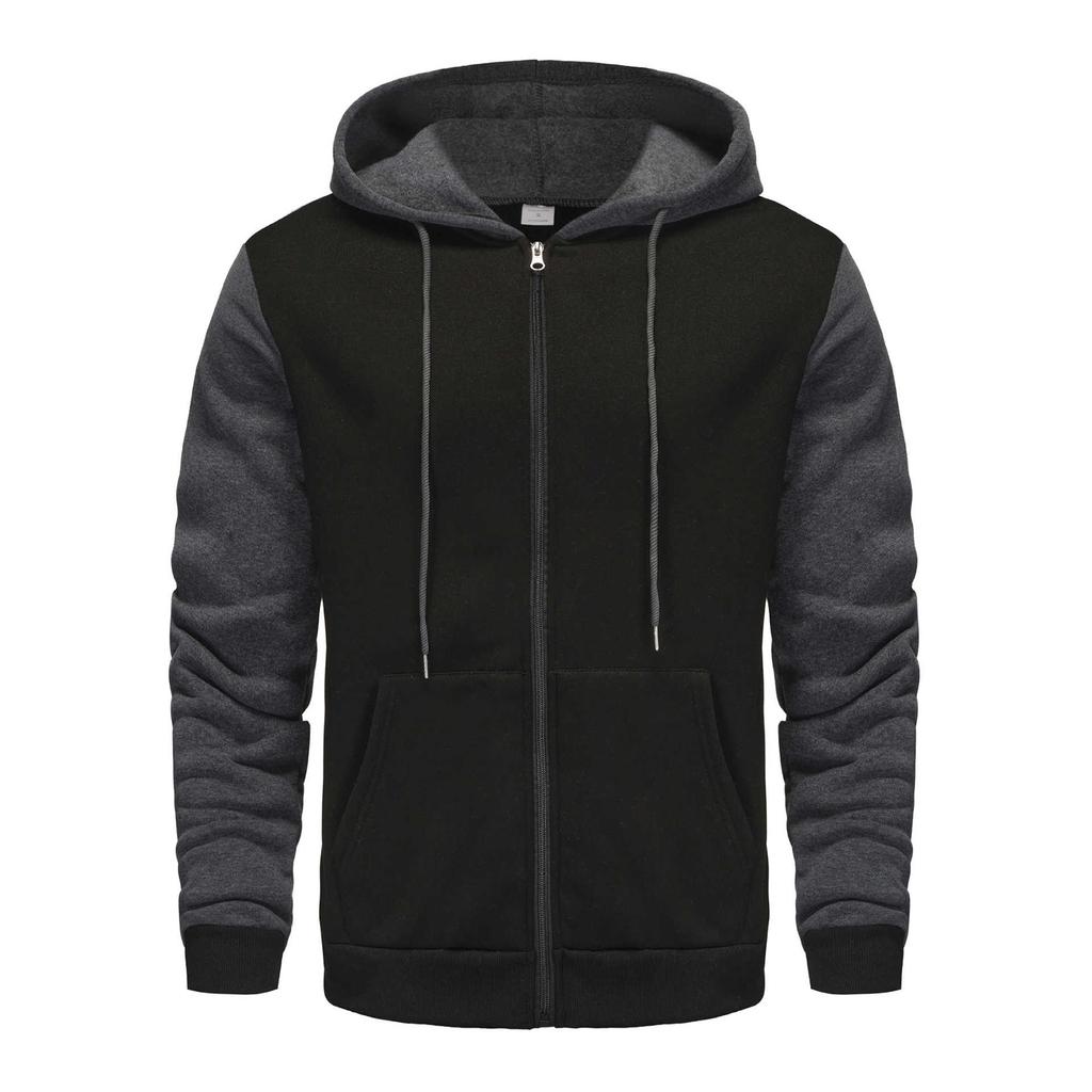 Men Zip Up Long Sleeve Pullover Casual Color Block Hooded Sweatshirt Drawstring Sport Winter Jacket With Pocket