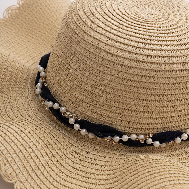 Elegant Women's Sun Hat with Mesh Trim & Faux Pearl Ribbon - Wide Brim, UV Protection Straw Beach Cap for Travel