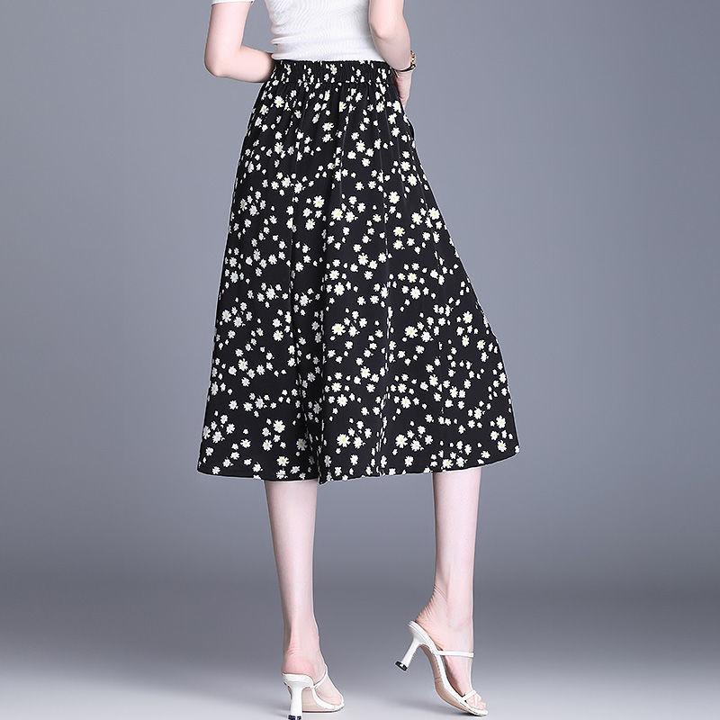 Summer Chiffon Loose High Waist Wide Leg Pants Skirt Casual Small Floral Cropped Cropped Pants for Women