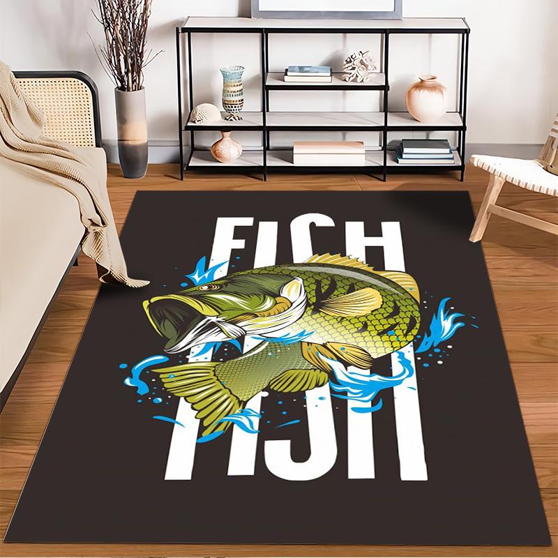 "Colorful Fish Design Carpet with FISH Text, Black Background Home Decor" Suitable for use as an anti-slip for living room bedroom sofas