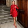 Long-sleeved See-through Dress Skirt Ladies Red and Black Dress Dress Slim Fashion Long Wedding Party Can Wear Dress