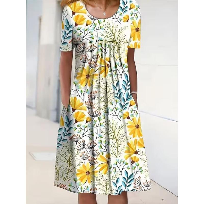 Женская мода лето весна цветочный узор принт короткий рукав О-образный вырез свободная талия повседневные платья