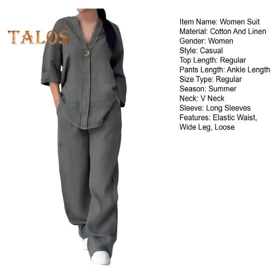 2 шт./компл., блузка, комплект брюк, V-образный вырез, длинные рукава, декор пуговиц, топ с широкими штанинами, свободные брюки с эластичной резинкой на талии, OL, повседневная домашняя одежда для поездок на работу, наряд