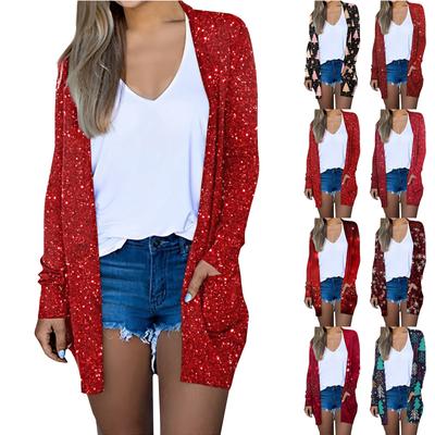 Женская мода, повседневный рождественский принт, кардиган средней длины, куртка, пальто