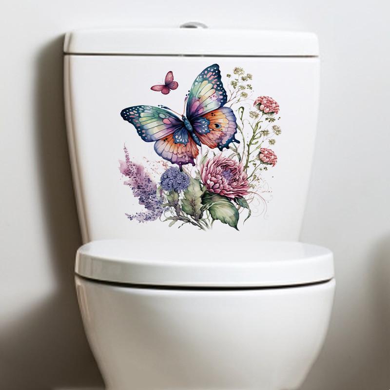 1pc Beautiful Lotus Butterfly Toilet Sticker Bathroom Toilet Cover Decorative Sticker Waterproof Self Adhesive