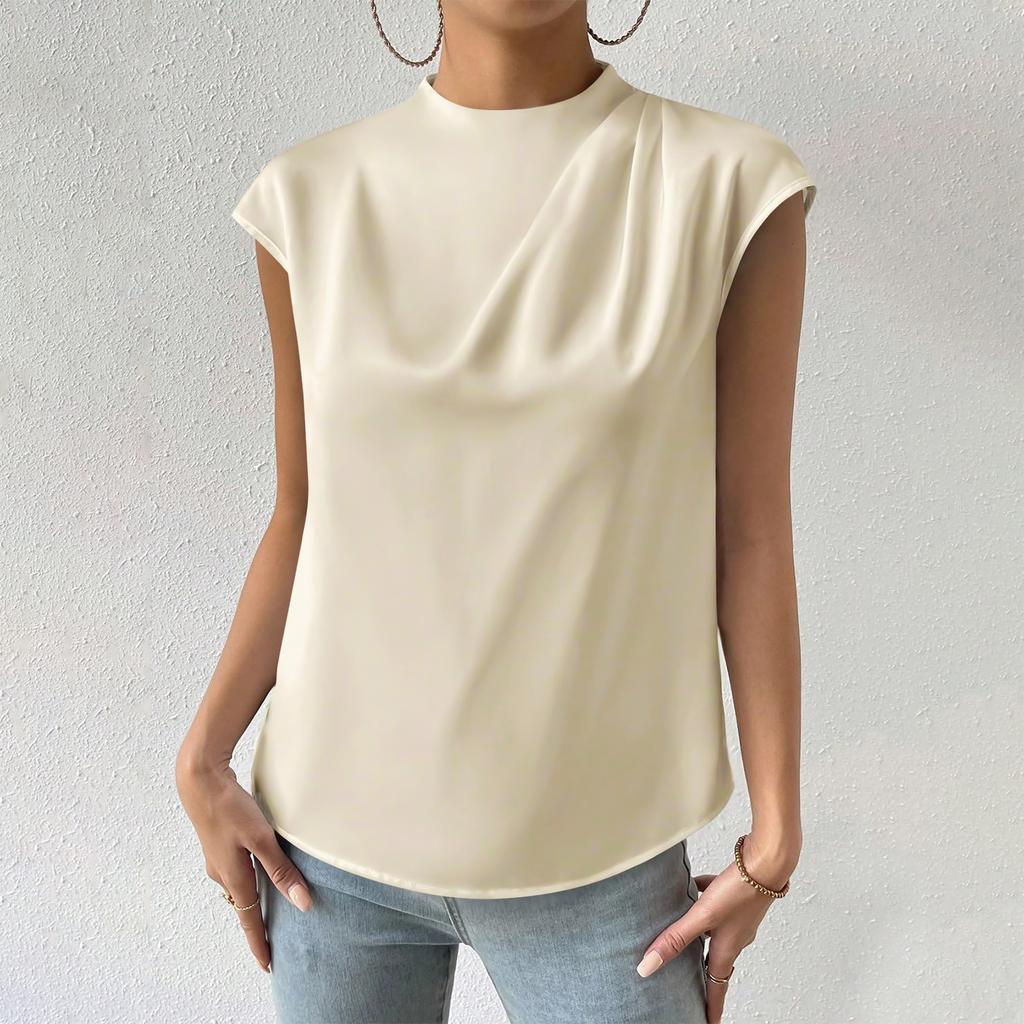 Женская повседневная элегантная атласная плиссированная рубашка с круглым вырезом, однотонный пуловер без рукавов, официальная рабочая рубашка, топ