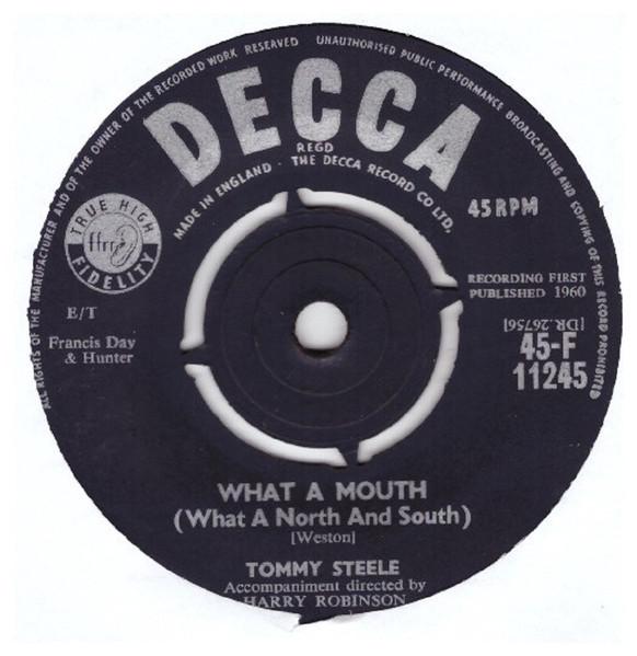 7-дюймовая пластинка TOMMY STEELE What A Mouth What A North And Sout 45F11245 DECCA 1960 UK Поп Б/у