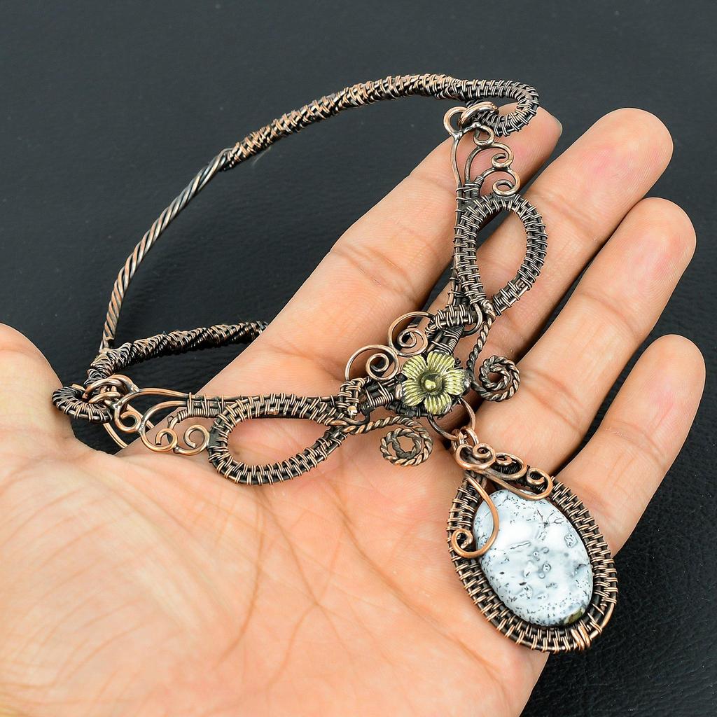 Опал Дендритовый Ручной Работы Ожерелье с Драгоценным Камнем, Ожерелье, Оплетенное Медной Проволокой 999 пробы, Антикварное Ювелирное Изделие, Для Подарка на Помолвку