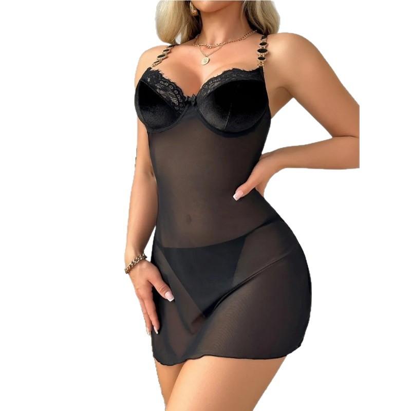 Fashion and sexy women's clothing new mesh suspender with crotch high elastic hollow perspective clothing onesie with steel ring women