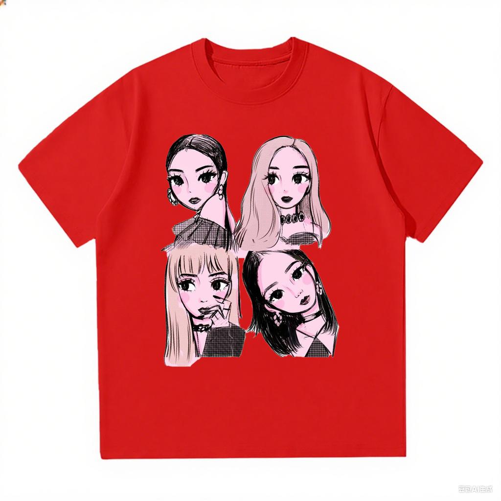 2025 New Korean Kpop BP Pink Girls Graphic Harajuku T Shirts Loose and Comfortable Heavy Cotton Tee Women's Fashion Casual Top