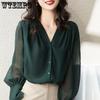 Long Sleeve Shirt for Women Spring and Autumn V-neck Design Top Temperament Loose Chiffon Shirt for Women