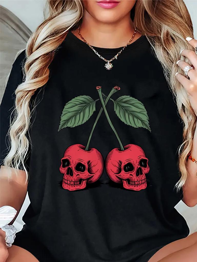 Cherry Skull Print Womens Tshirt Round Neck Short Sleeve Casual Top For Daily Wear Fashion Pattern Tshirt