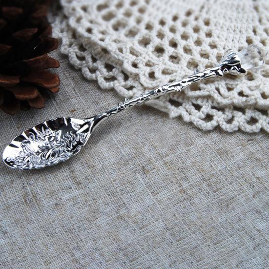 Vintage Flower Carving Tea Coffee Dessert Spoon Long Crystal Handle Dinnerware
