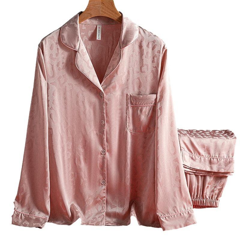 Pajamas Leopard print satin jacquard women's long-sleeved lapel cardigan Russian classic simple women 11091