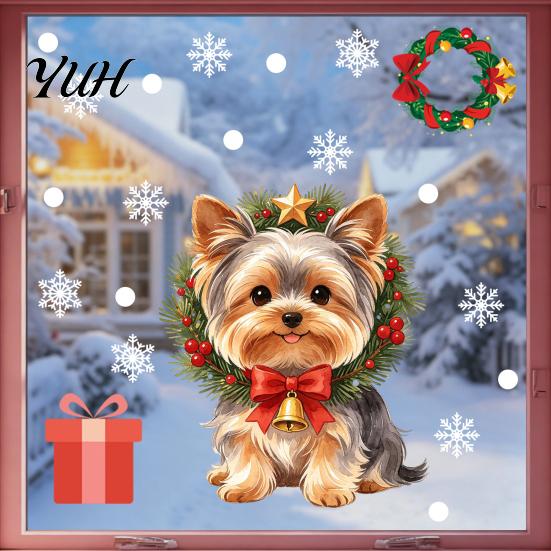Reusable Glass Surface Decals Christmas Static Window Clings, No?Glue Cute Puppy with Snowflake Easy to Apply Stickers Candy Cane, PVC for Home Shop